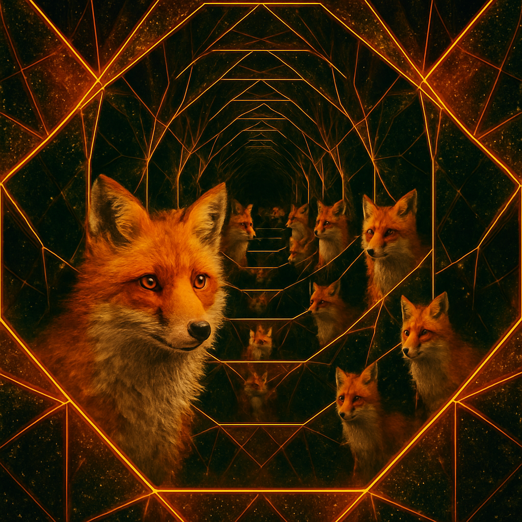 !gpt4o A curious fox reflected within a Fractal Infinity Mirror, creating endlessly repeating patte…