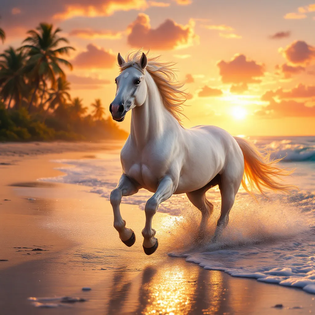 !flux11 A beautiful elegant white horse running on the beach into the sunset.