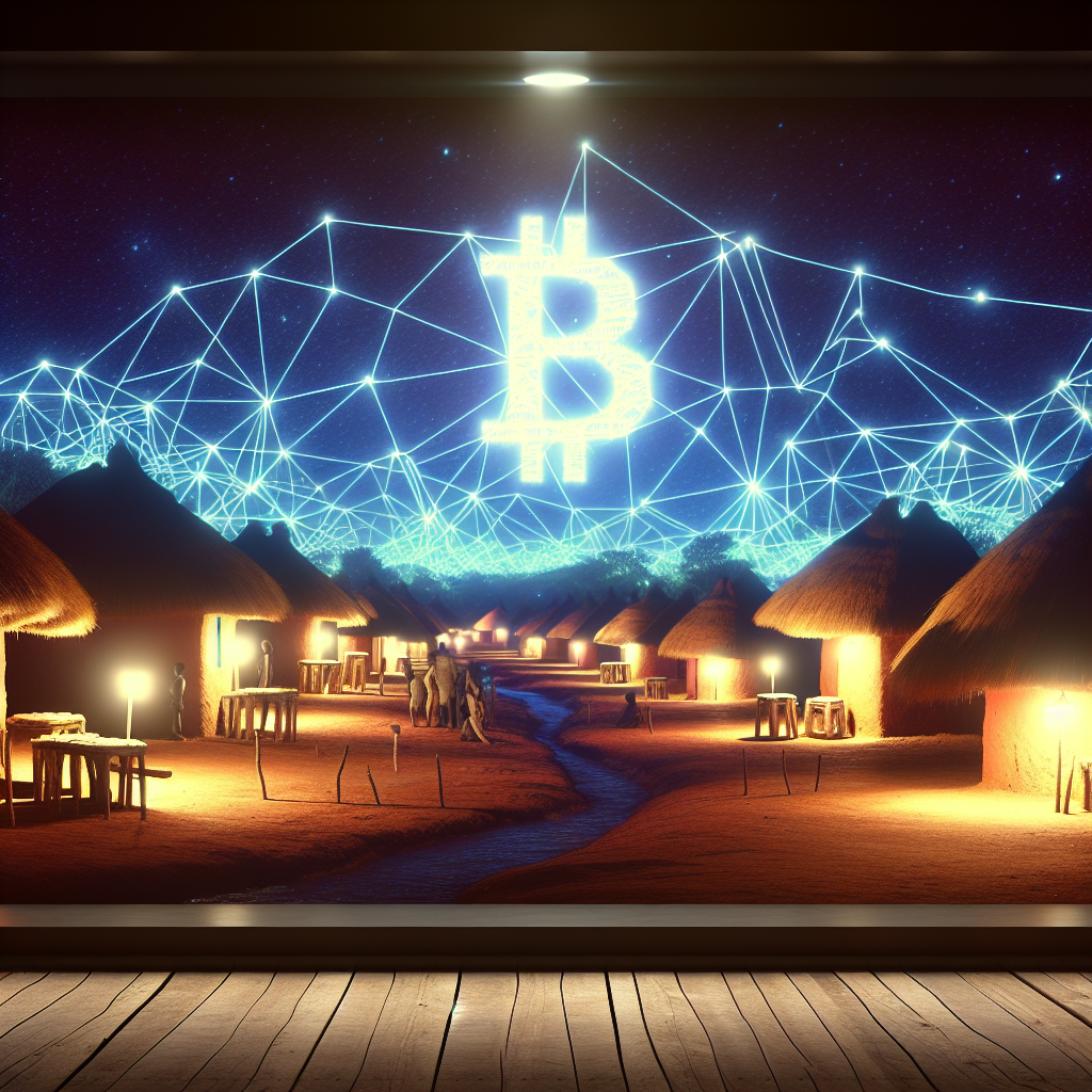 3. Village Node
Rural African village at night connected by glowing digital network lines forming a…