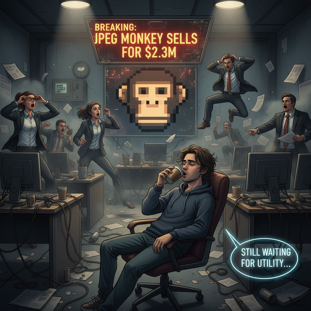 !nb “BREAKING: JPEG Monkey Sells for $2.3M” A chaotic newsroom meme where serious reporters panic o…