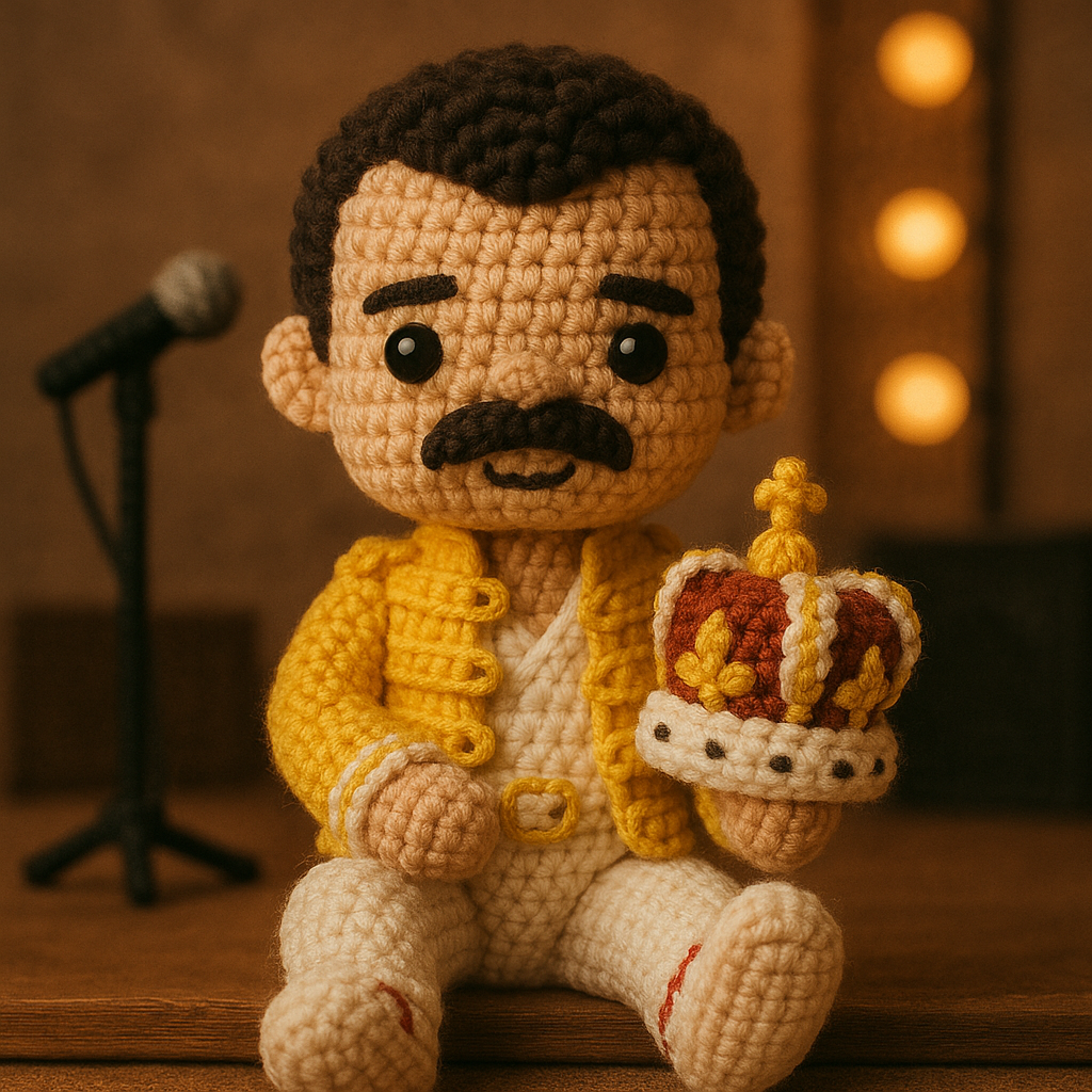 !gpt4o A crochet doll-style of Freddie Mercury, made with soft yarn textures and intricate handcraf…