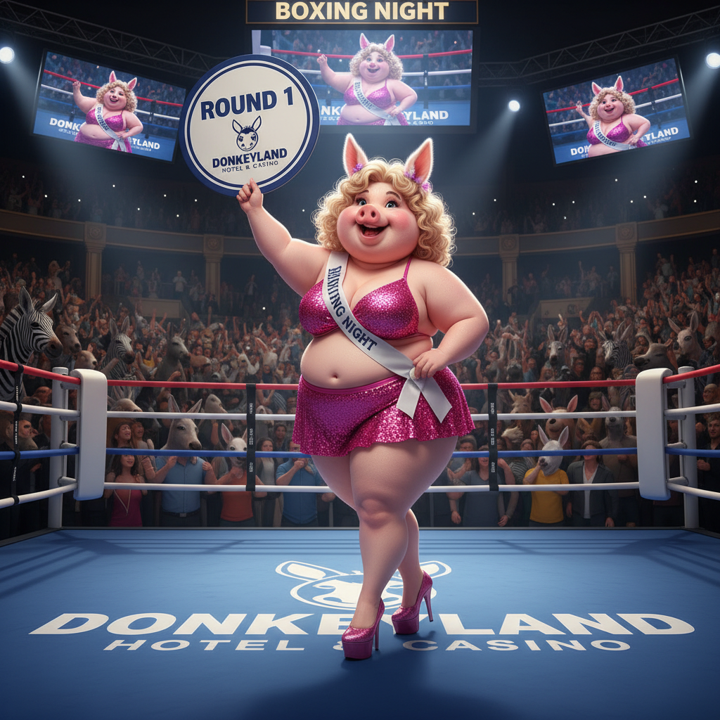 Miss Big Pig is working tonight as a ring girl for the DonkeyLamd Hotel and Casino boxing match.  !…