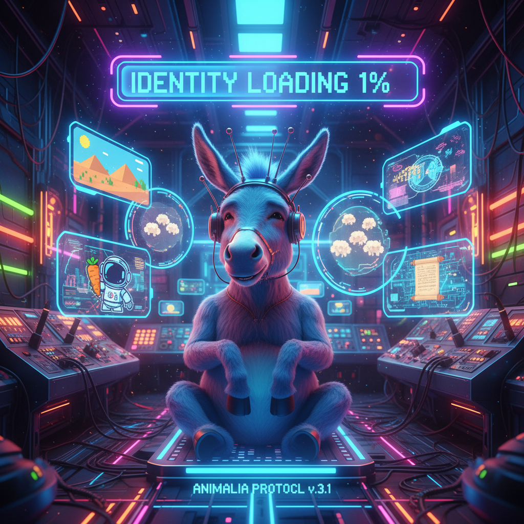 Brain Loading... 1%
!nb A donkey sitting inside a futuristic control room with a giant loading bar …