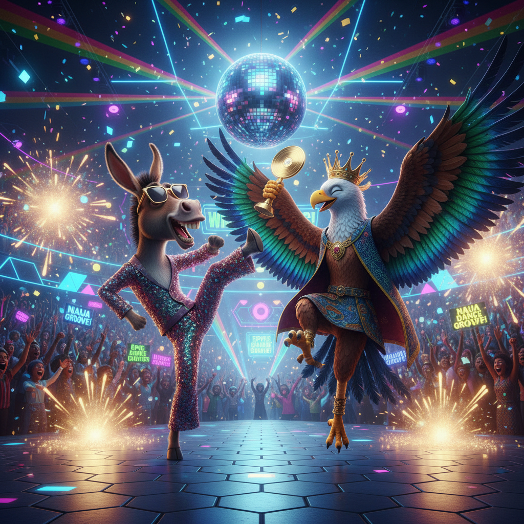 Dance Battle Finale
!nb A goofy donkey and elegant Naija eagle finishing an epic dance competition …
