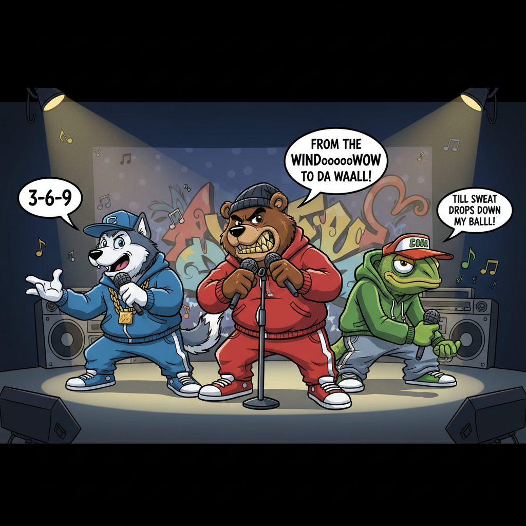 !nb cartoon rappers rapping one says “3-6-9” the other rapper says “from the windoooooow to da waal…