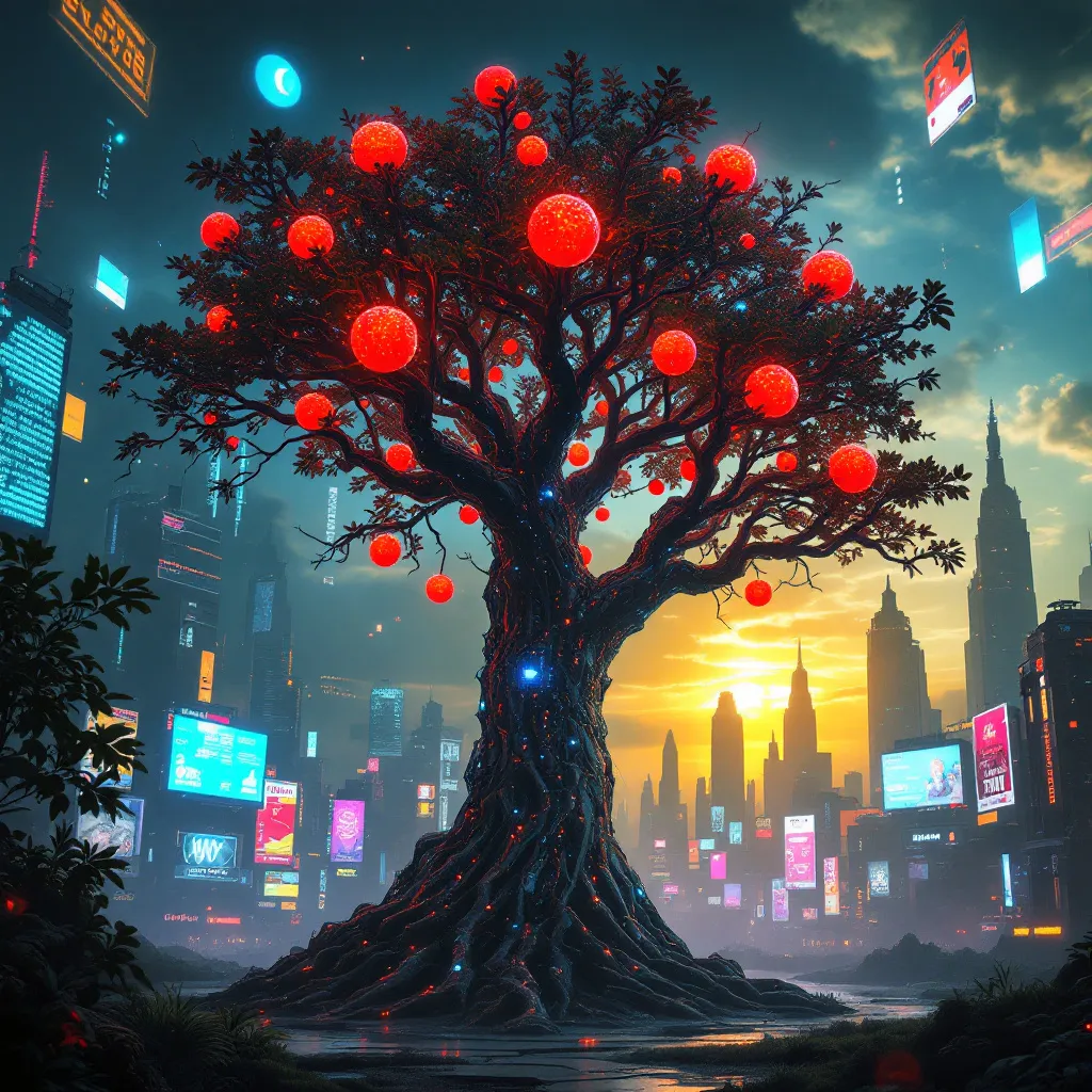 !flux11 digital electronic tree in a cyber landscape, sunrise neon light, red glowing fruits growin…