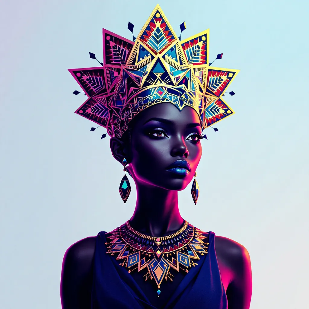 !flux11 A regal Black Queen, 3D pixel, wearing a geometric crown fused with tribal patterns in soft…