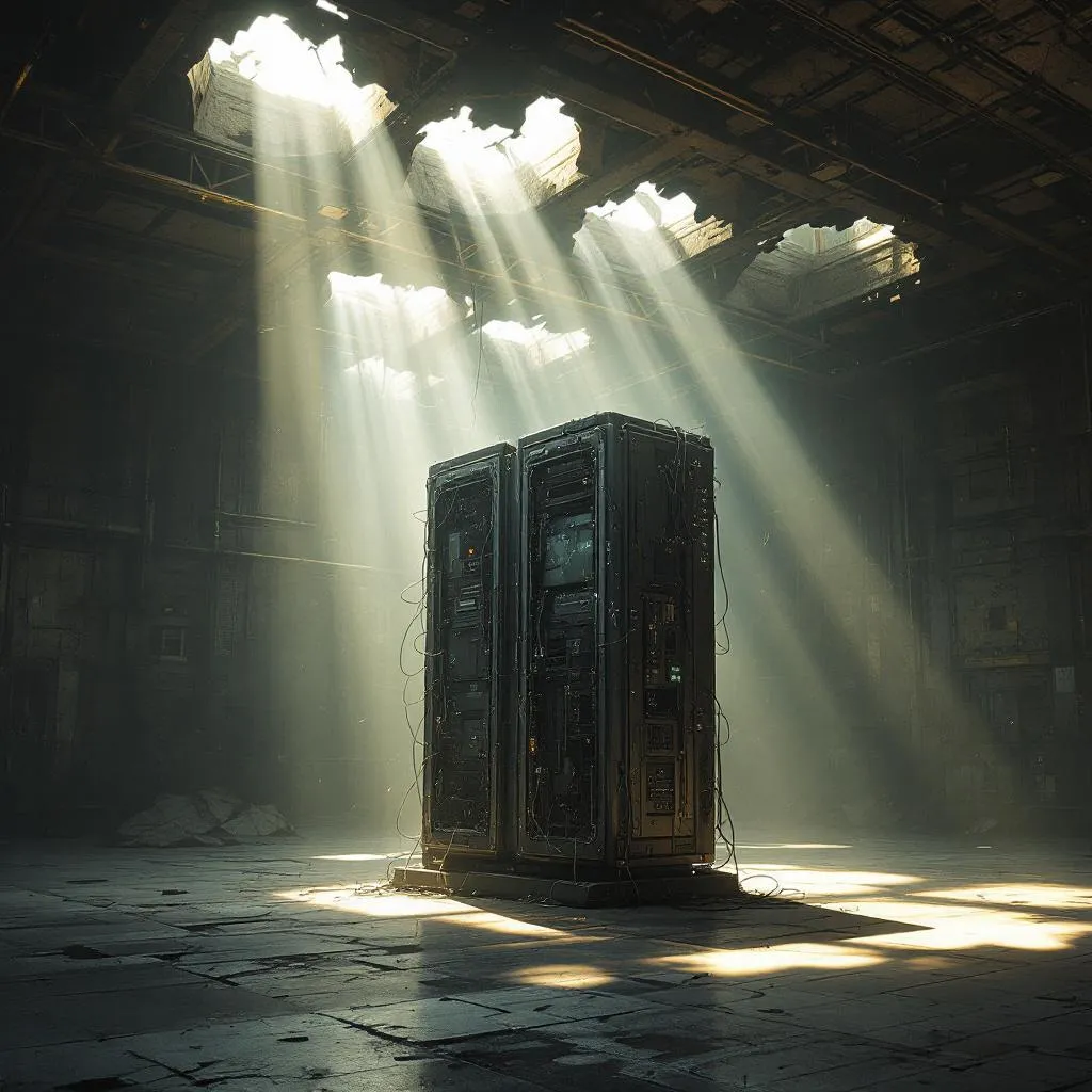 After the Thinking Machines
A broken supercomputer covered in dust inside a massive abandoned hall,…