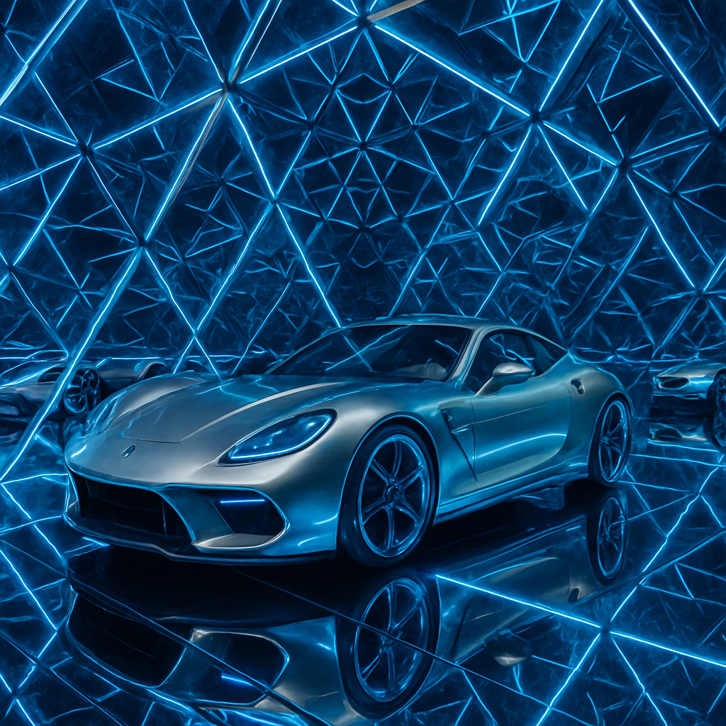 !gpt4o A sleek sports car reflected within a Fractal Infinity Mirror, creating endlessly repeating …