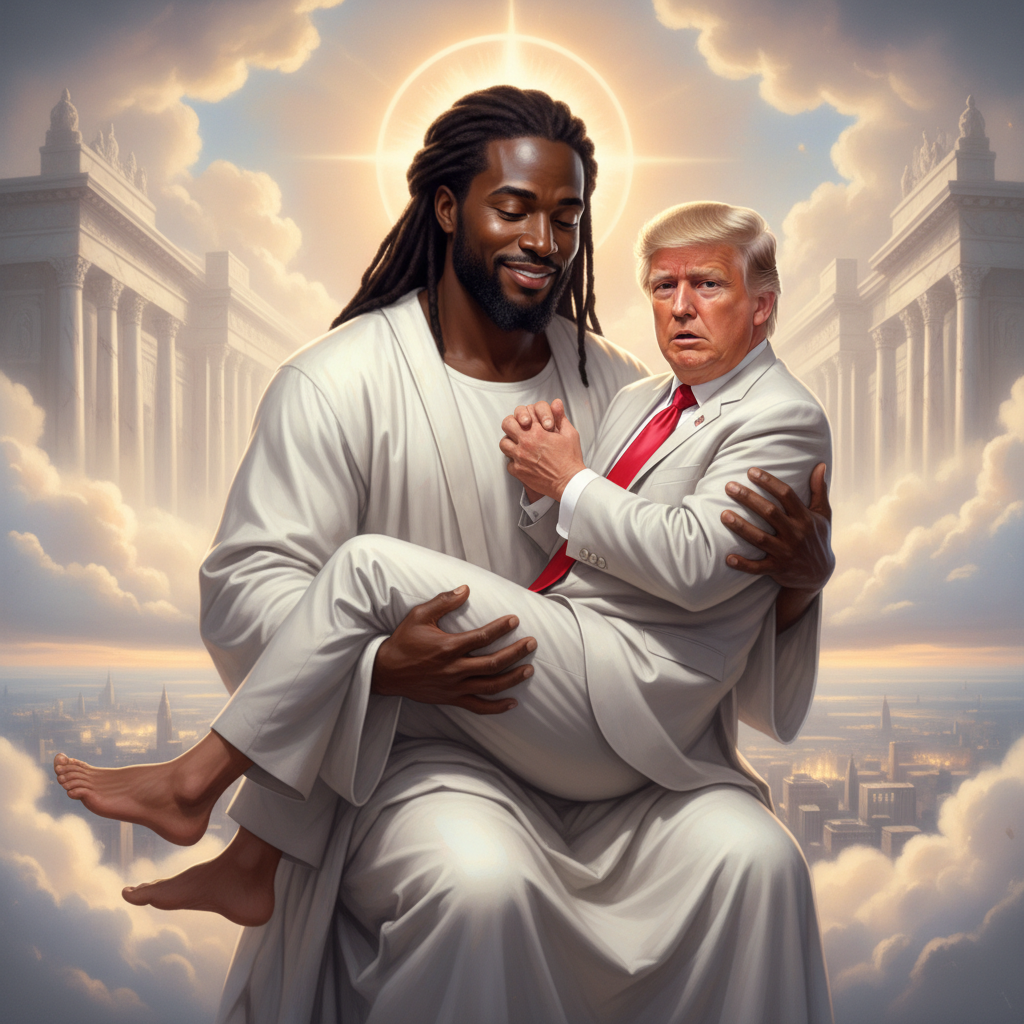 !nb trump looking nervous in the arms of a black Jesus.