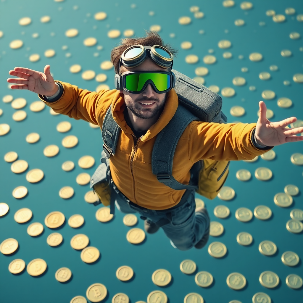 !fluxfast Sporting aviator goggles and a backpack full of coins, flying over a soft ocean of floati…
