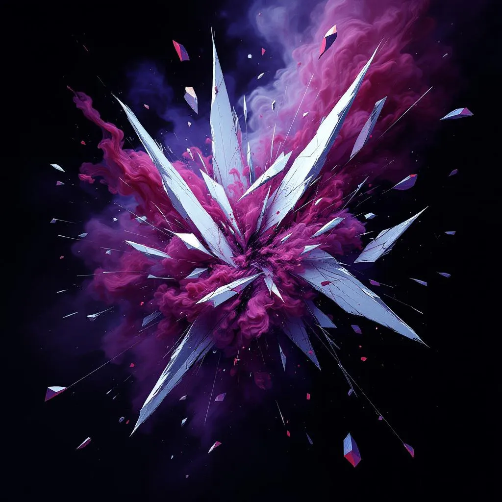 Abstract NFT art, Item #001 — "Fractured Fang." A chaotic yet elegant explosion of jagged white sha…