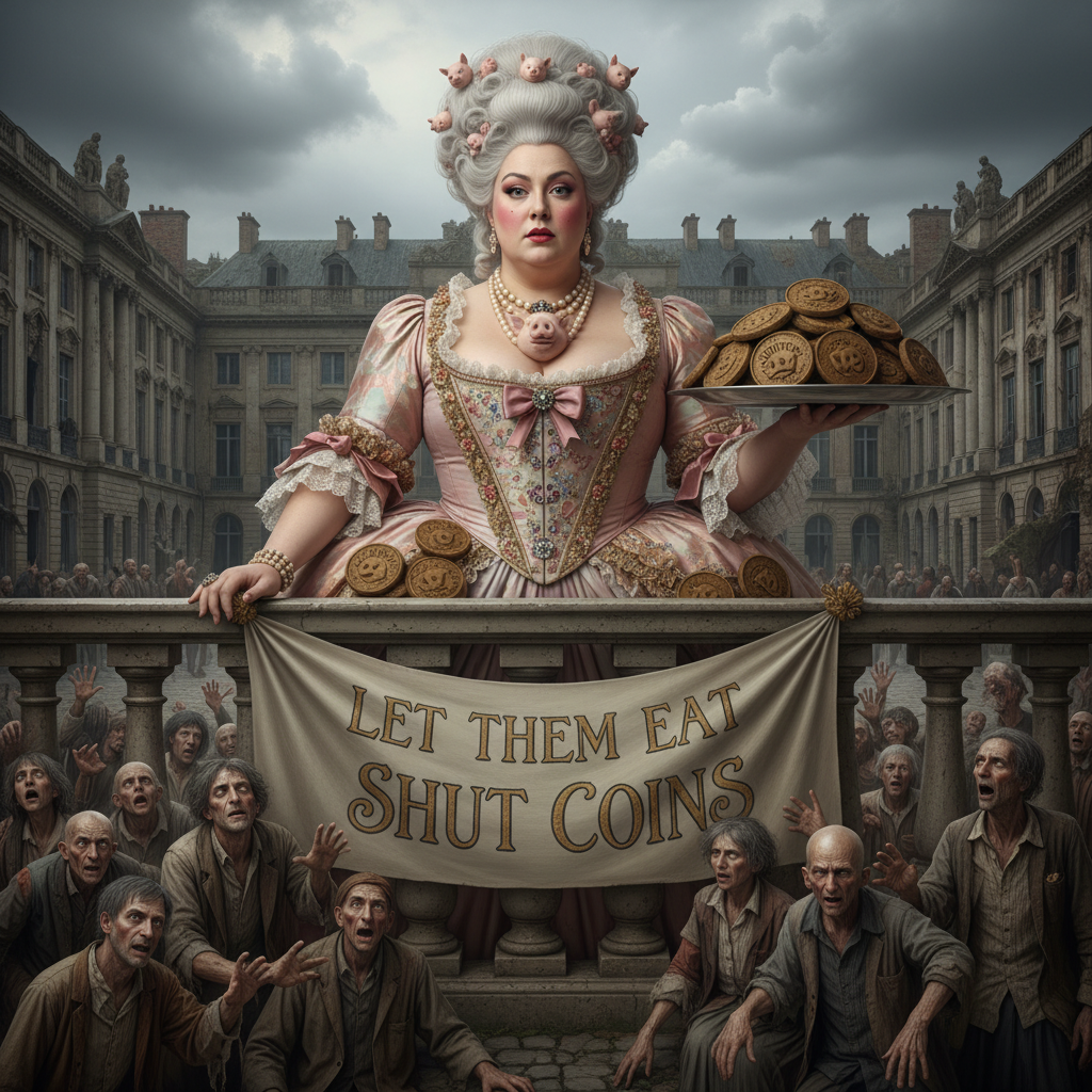Sex goddess Miss big pig as Marie Antoinette to the starving masses "let them eat shut coins" !nb