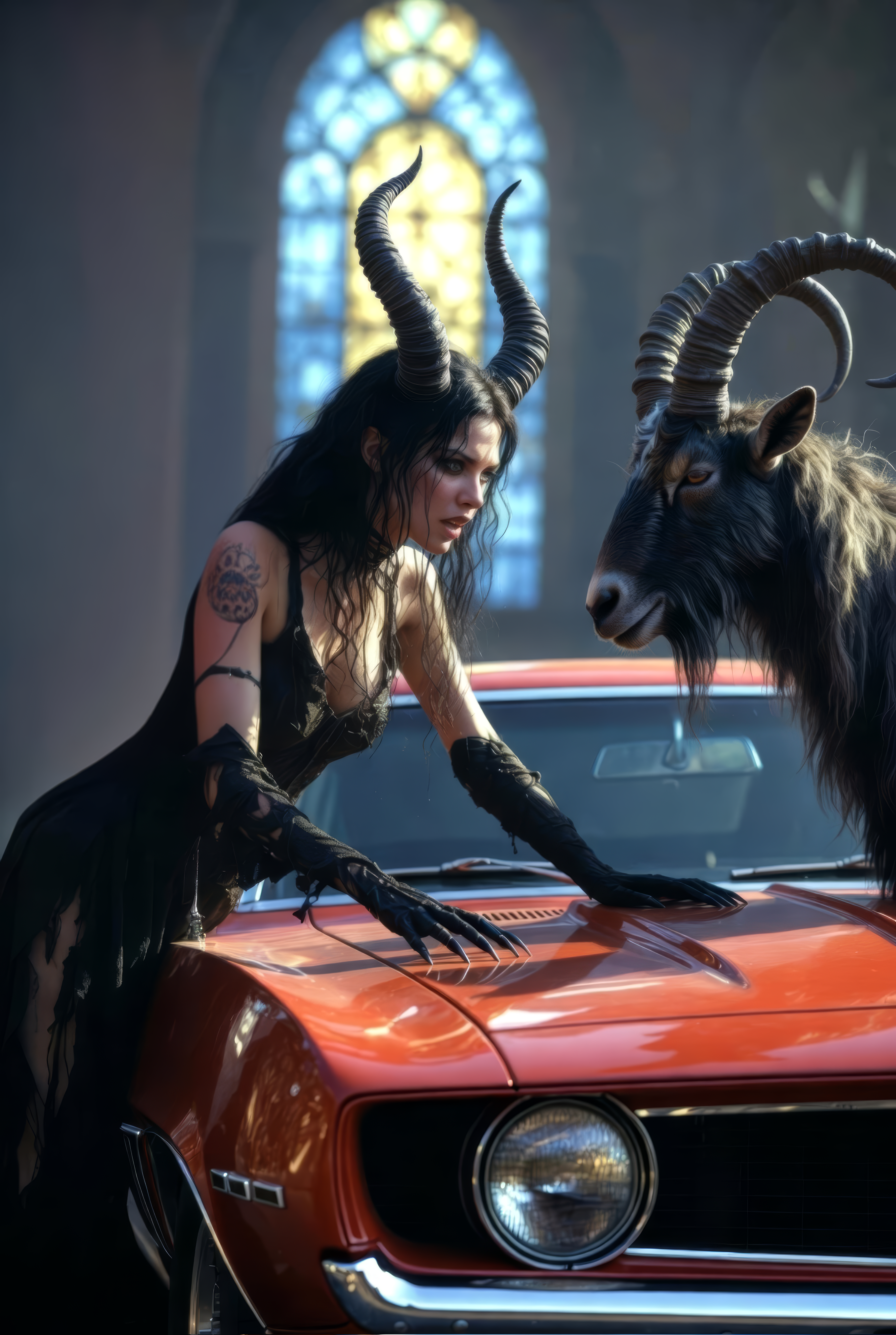 "So, where ya wanna go, bruh?" ⛰️🚘🐐
#AIart︎ #RetroRides #GoatKnows 🏰😈🐈‍⬛