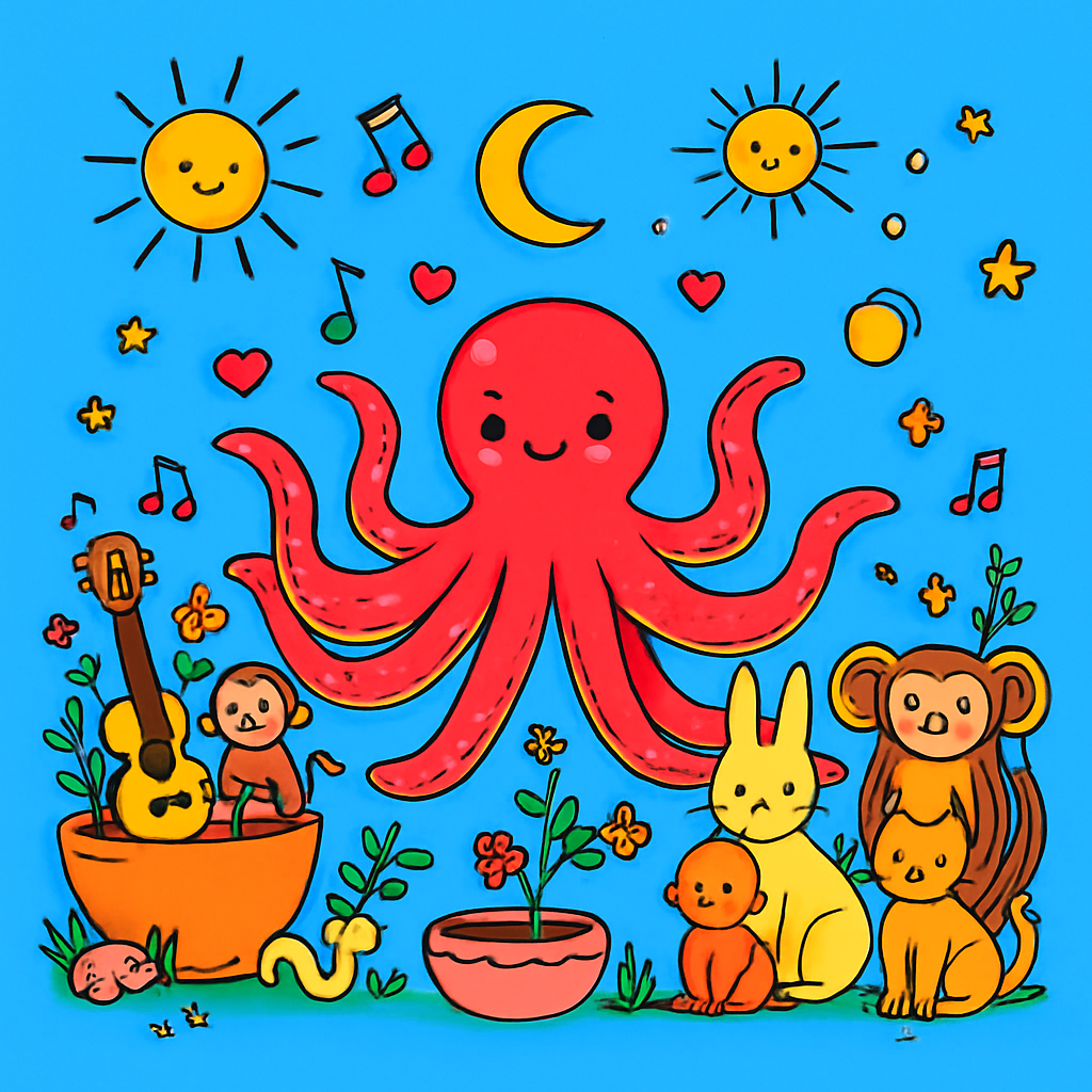 !edit_openai colour the sky in a vibrant sky blue. colour the octopus in a bright vibrant rose red.…