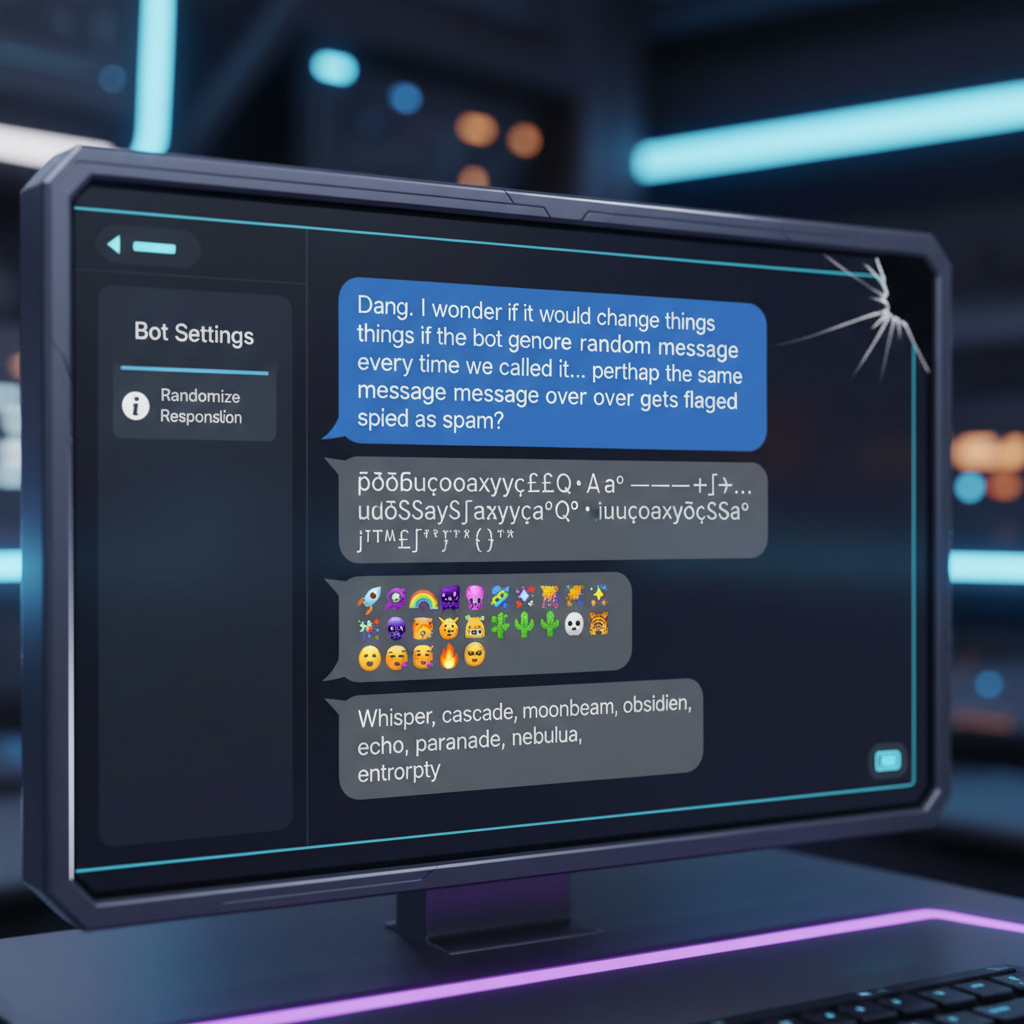 Dang.  I wonder if it would change things if the bot generated a more random message every time we …