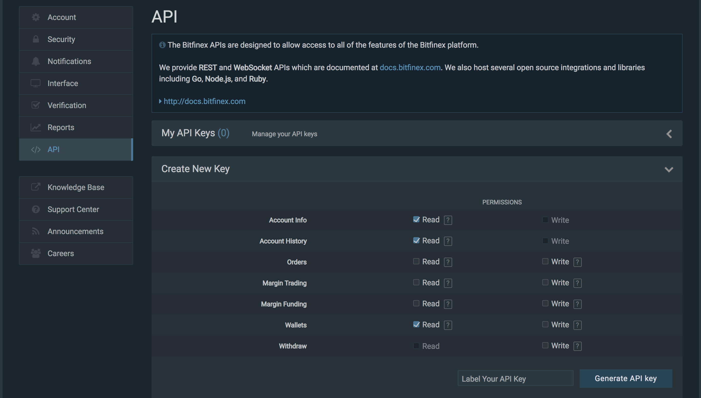 Configure your new key. We recommend setting your key for read-only access.