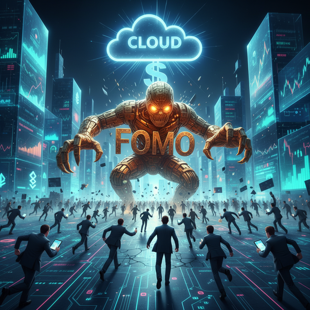 !nb Giant golden FOMO monster chasing investors through digital streets