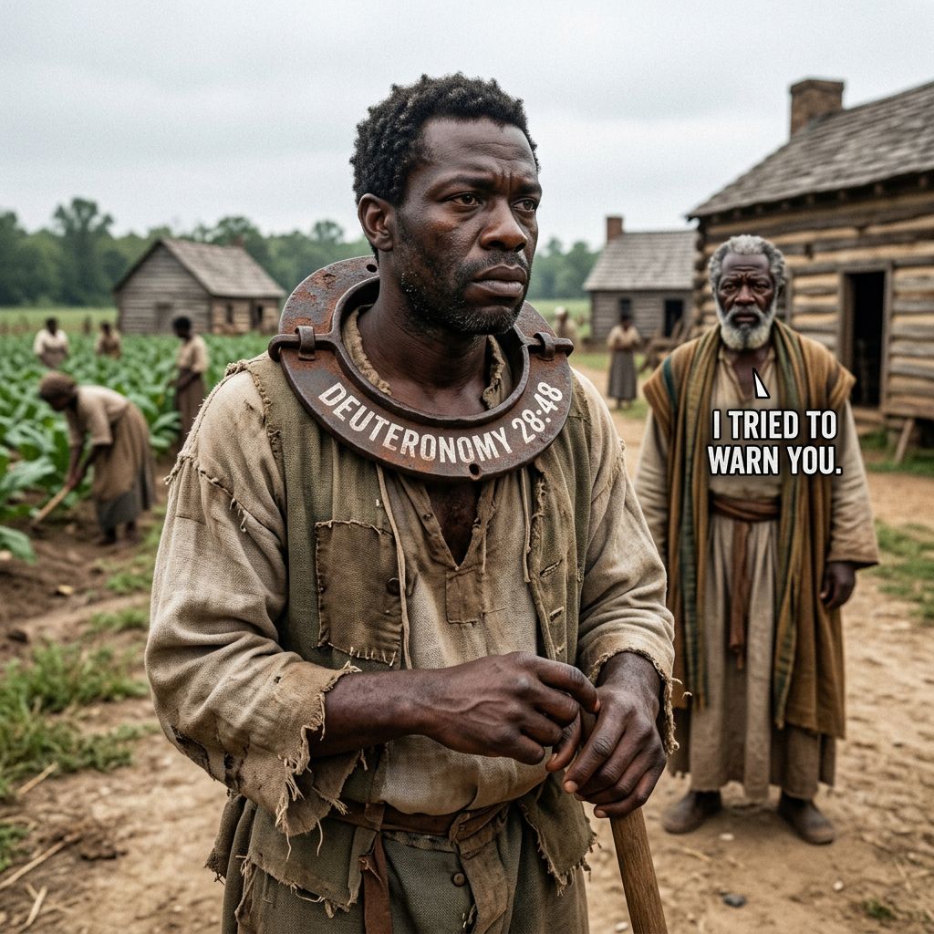 !nb black slave in 16 century America with a yoke of iron on his neck with the words and numbers De…