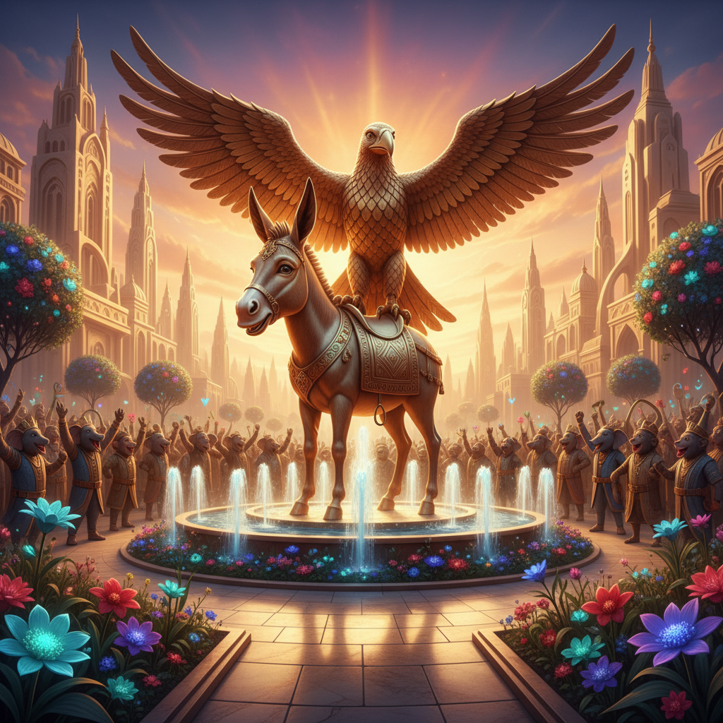 The Legendary Friendship Statue
!nb A magnificent golden statue of a donkey and Naija eagle standin…
