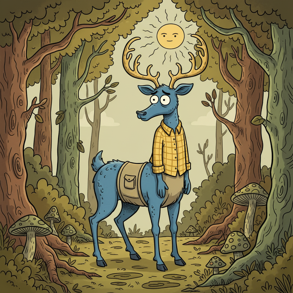 !nb draw a blue deer centaur with gold antlers in a forest scene, style of Rocco's Modern Life. Mak…