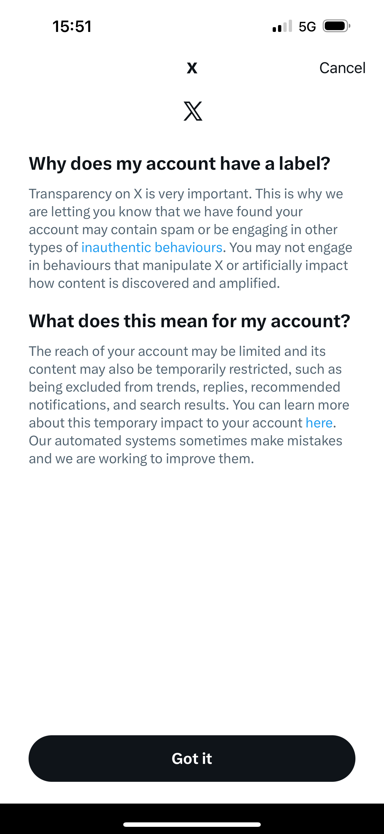So X unblocked my account but red flagged me at the same time. Apparently Im posting spam. 
The onl…