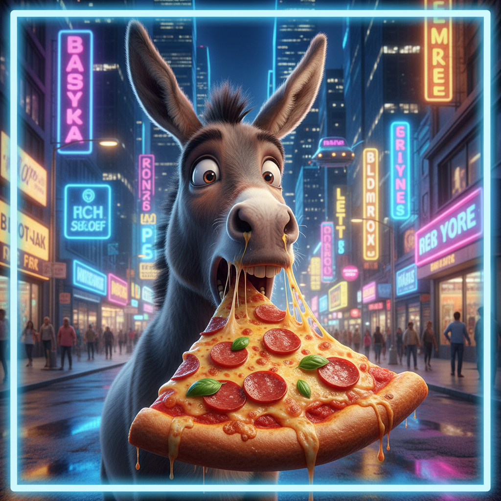 The Donkey's First New York Pizza
!nb A surprised donkey attempting to eat an enormous New York-sty…