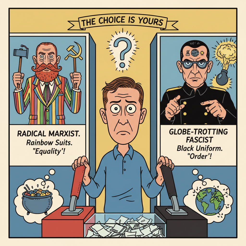 !nb cartoon voter faces a dilemma. Pull lever vote for radical marxist in rainbow colored suits or …