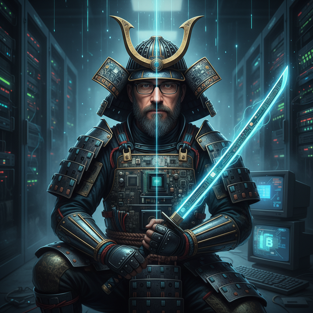 A mixed face of Craig wright and Satoshi Nakamoto dressed as computer geek samurais!nb