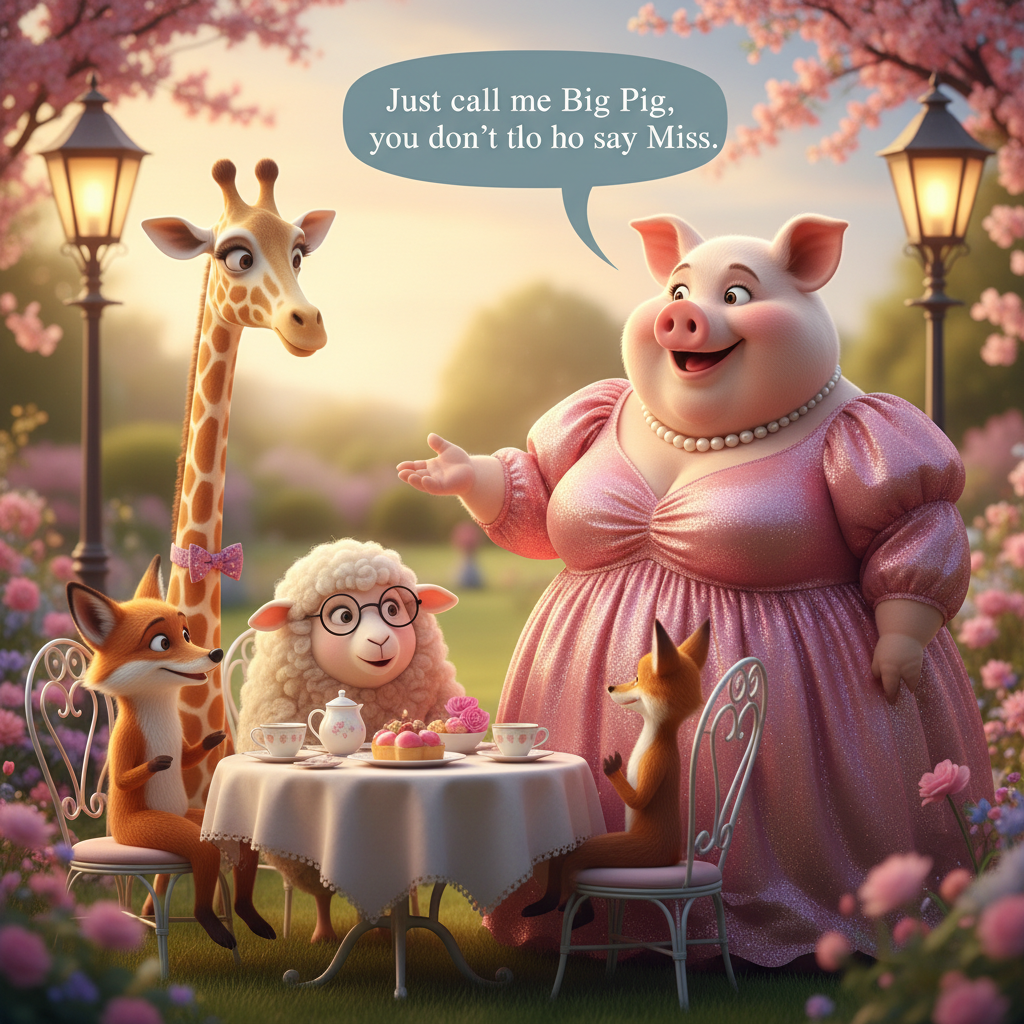 Miss Big Pig tells her friends, "Just call me Big Pig, you don't have to say Miss". !nb