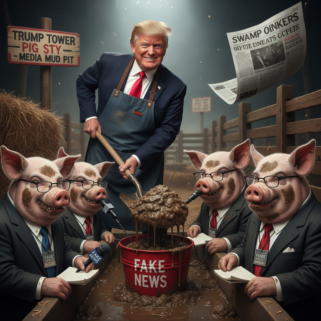 !nb i want an image of trump slopping pigs dressed up as reporters.