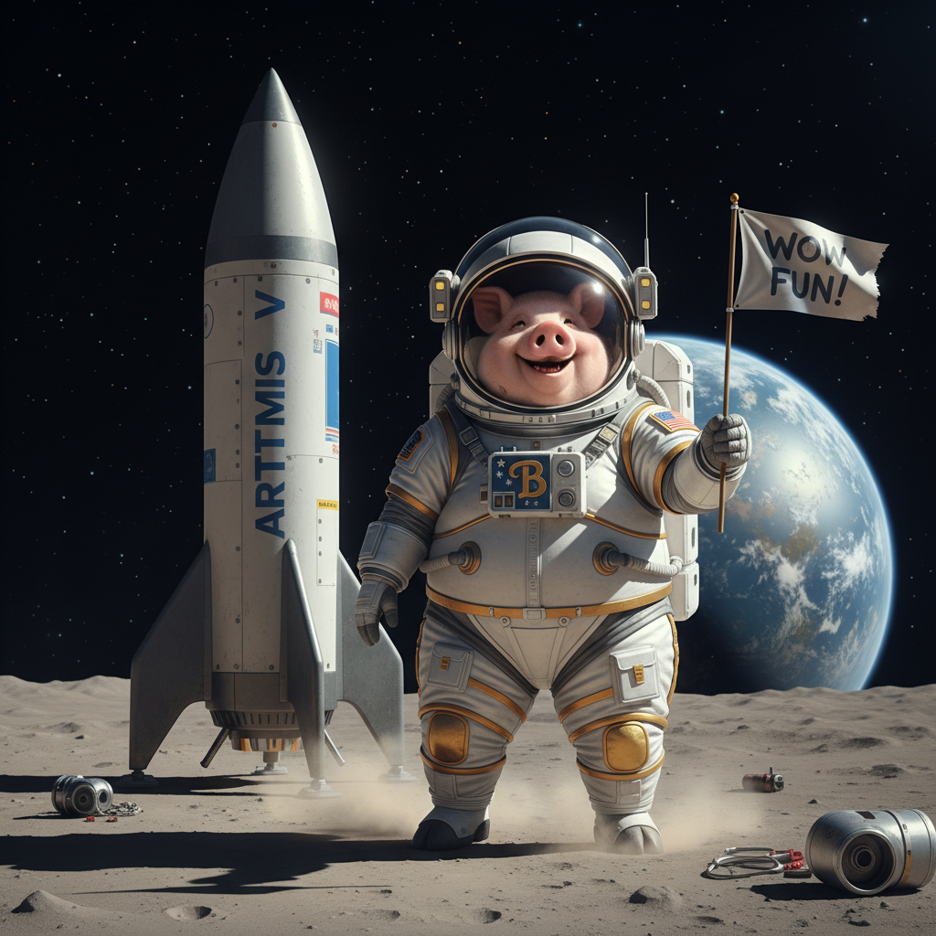 Miss Big Pig just landed from her Artemis rocket moon launch. Wow it was fun! !nb