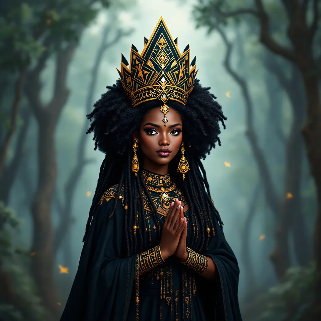 !flux11 A regal Black Queen, in 3D pixel, wearing a geometric crown fused with tribal patterns in s…