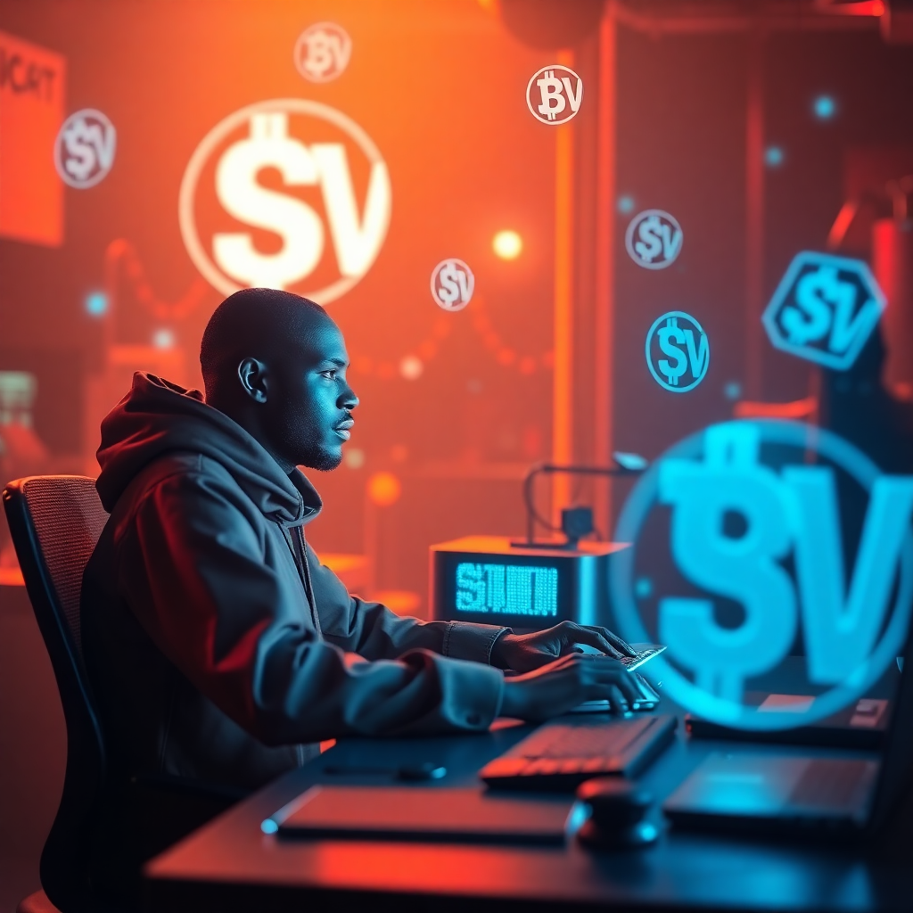 6️⃣ The Builder
African developer sitting at a glowing workstation coding on the BSV blockchain, holo…