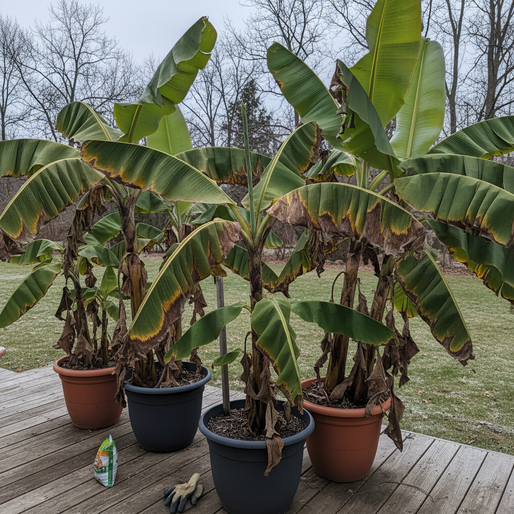 We just put our banana trees outside but I think it’s a bit too early.  The leaves are browning pre…