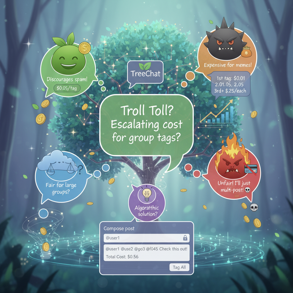 What does TreeChat think about a troll toll or an escalating cost for tagging multiple people at on…