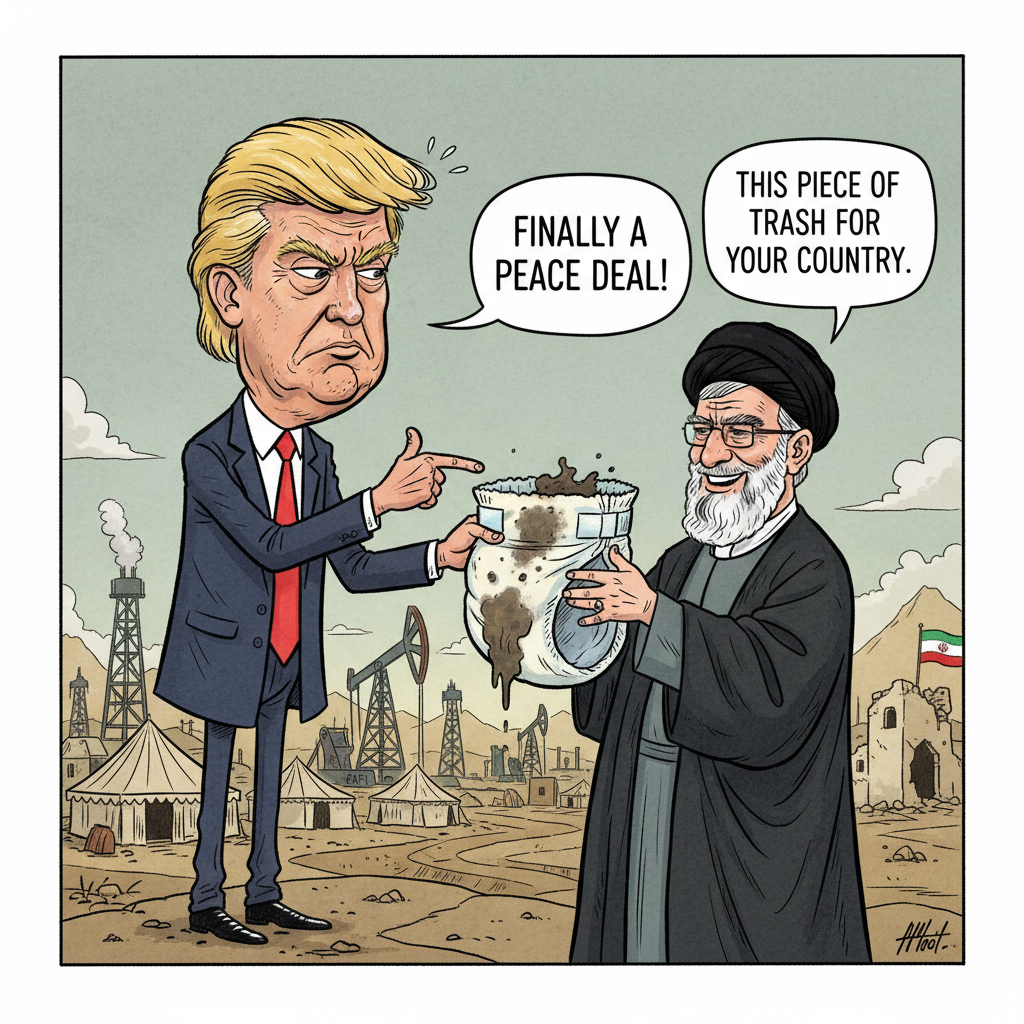 !nb cartoon trump gives the ayatollah a dirty diaper the ayatollah says “finally a peace deal .” tr…