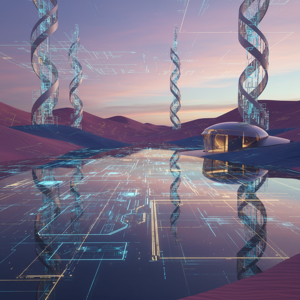 Desert oasis where water reflects geometric ledger patterns instead of palm trees, surreal calm atm…