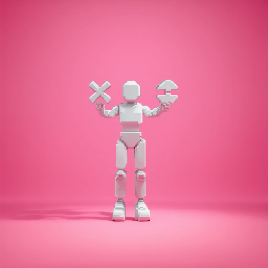 4. The Forked Path
3D pixel minimalist statue holding two floating voxel symbols, symmetrical pose,…