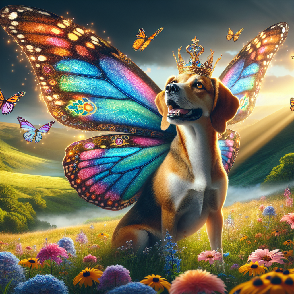 !dalle a mythical dog with butterfly wings and a crown in the head flying above the meadows with be…