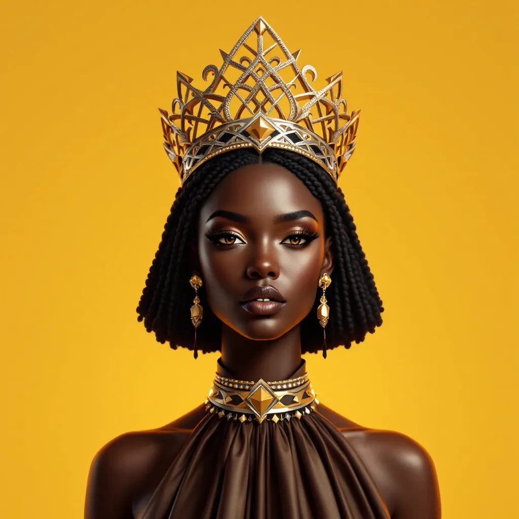 !flux11 A regal Black Queen, in 3D pixel, wearing a geometric crown fused with tribal patterns in s…