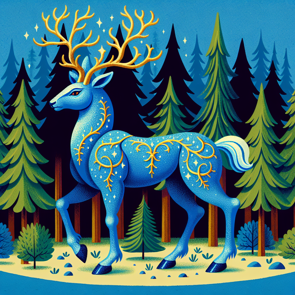 !dalle draw a blue deer centaur with gold antlers in a forest scene, style of Rocco's Modern Life