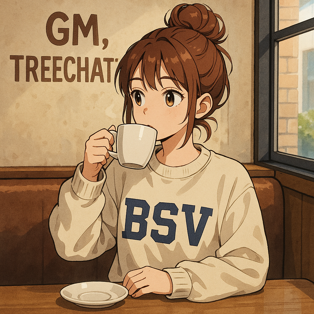 !gpt4o Create an anime-style young woman with a messy bun, a cozy sweater with the text "BSV," drin…