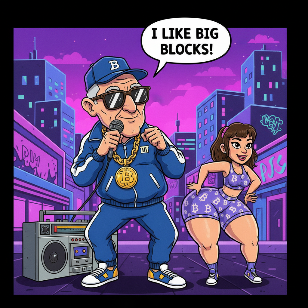 !nb cartoon Rapper in his 80s garb rapping “I like big blocks” while a big butt female dancer weari…