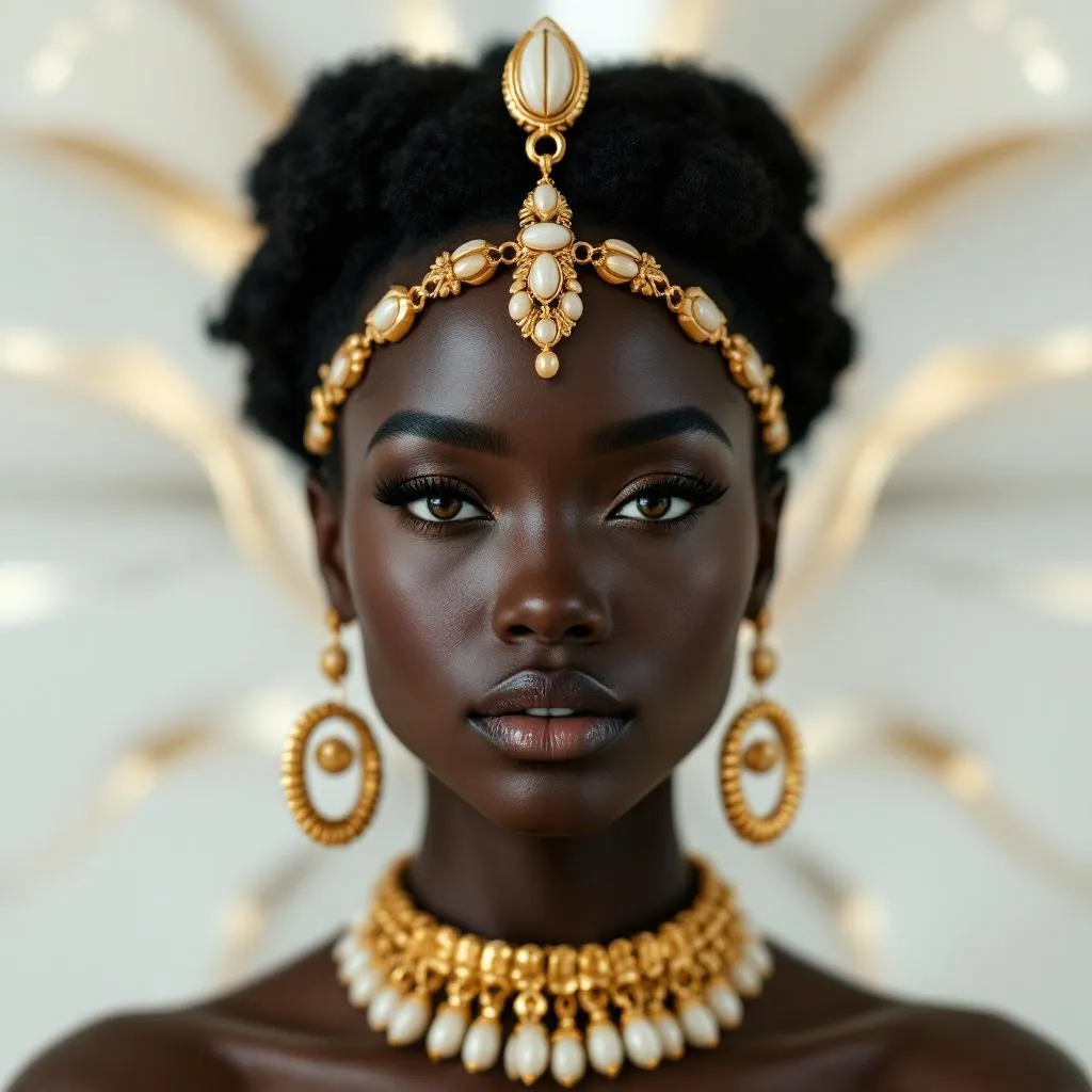 1. The Eternal Queen
Regal African queen with natural crown made of gold and cowries, smooth dark s…