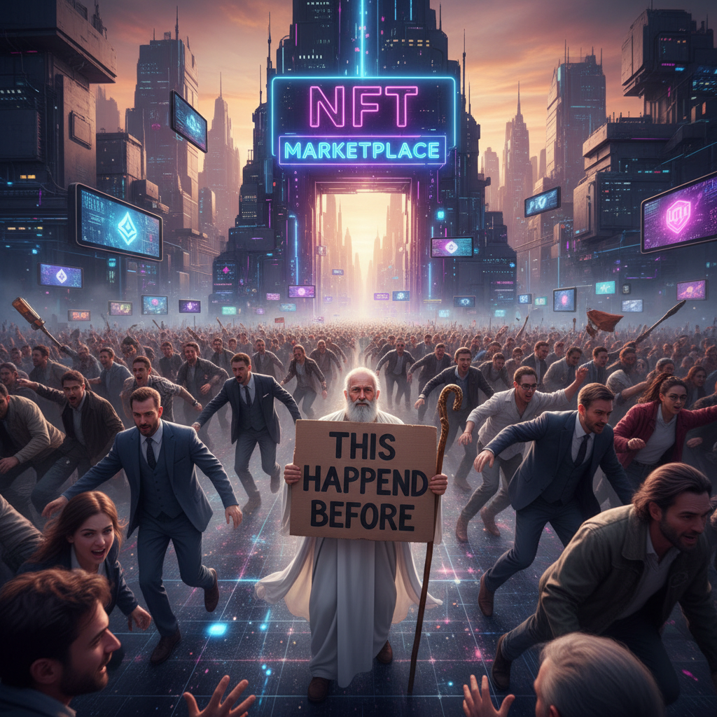 FOMO & MARKET MADNESS
!nb Huge crowd stampeding into NFT marketplace while one old wise man holds a…