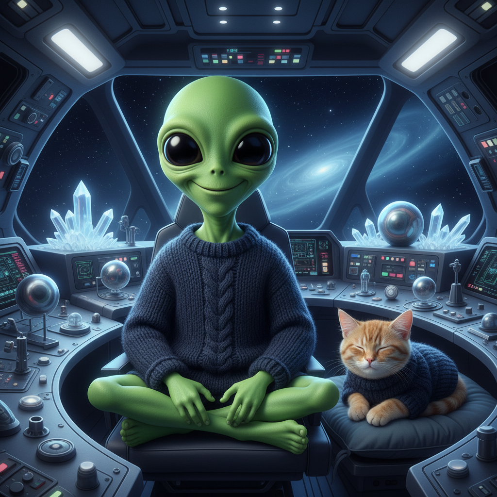 !nb A photograph of a friendly green alien with large dark eyes and a wide smile, sitting comfortab…