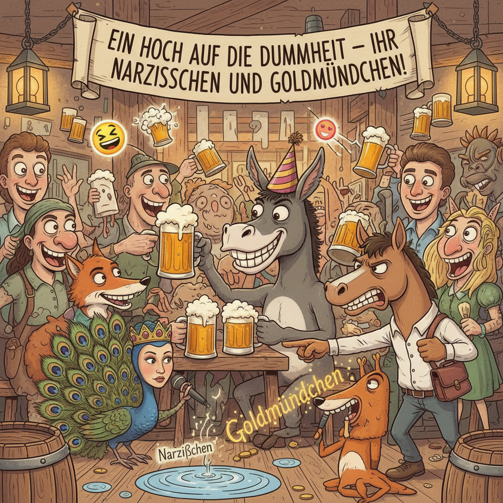 !nb "Ein Hoch auf die Dummheit – ihr Narzißchen und Goldmündchen!" 🤪🥳🫏🍻  What do you mean by that, …