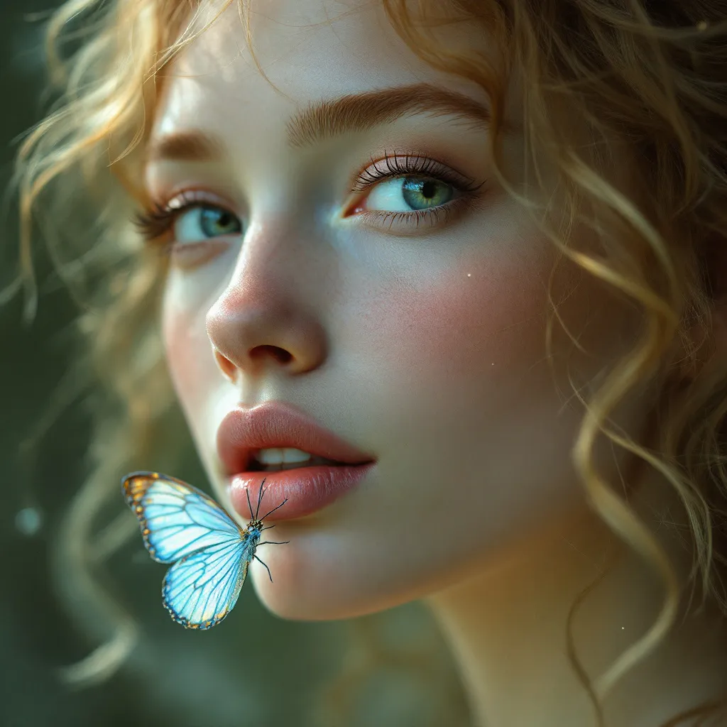 wow nice! !flux face of an amazed winged nymph with a transparent butterfly near his lips