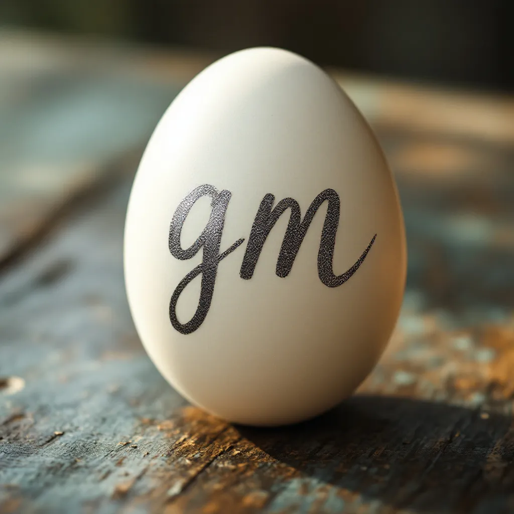 !flux "gm" written on a egg